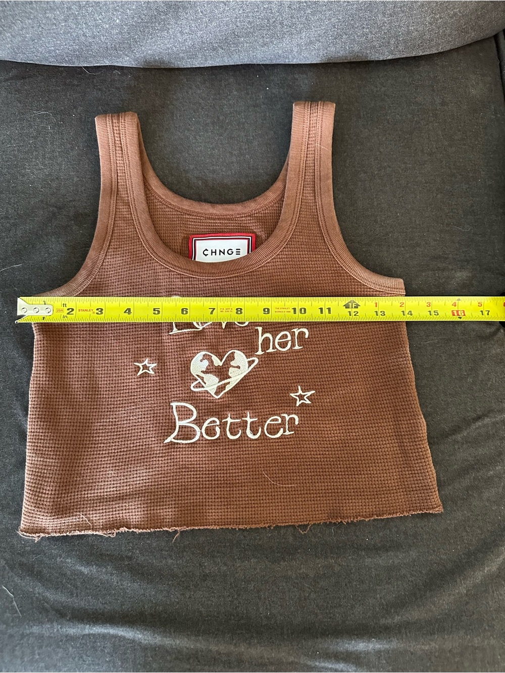 CHNGE Brown Waffle Knit "Love Her Better" Earth Crop Tank Top - Size S View 5